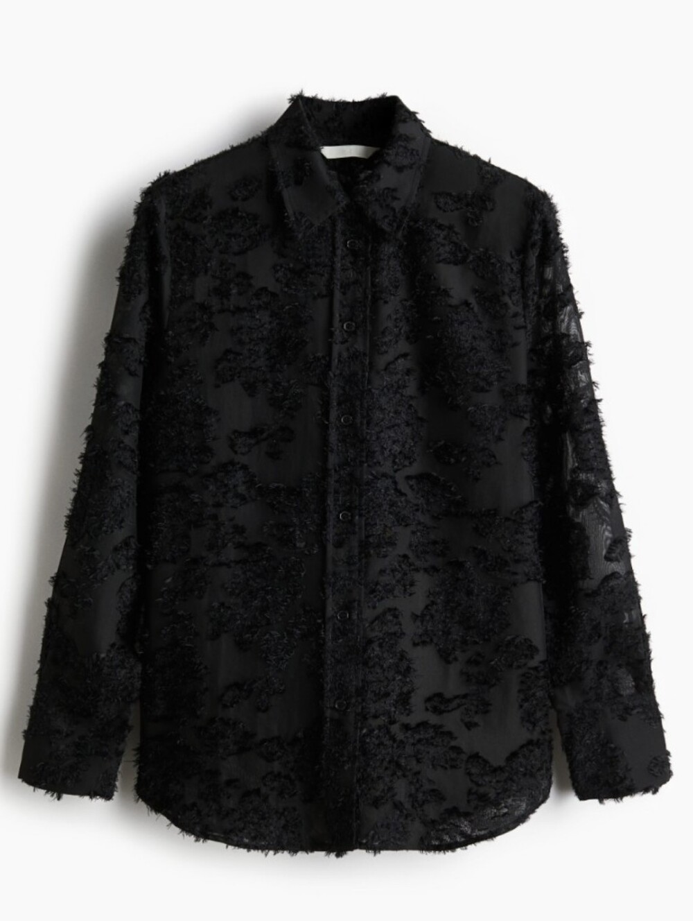H&M Black Textured Sheer Floral Button-Down Shirt Blouse Whimsigoth Maximalist L